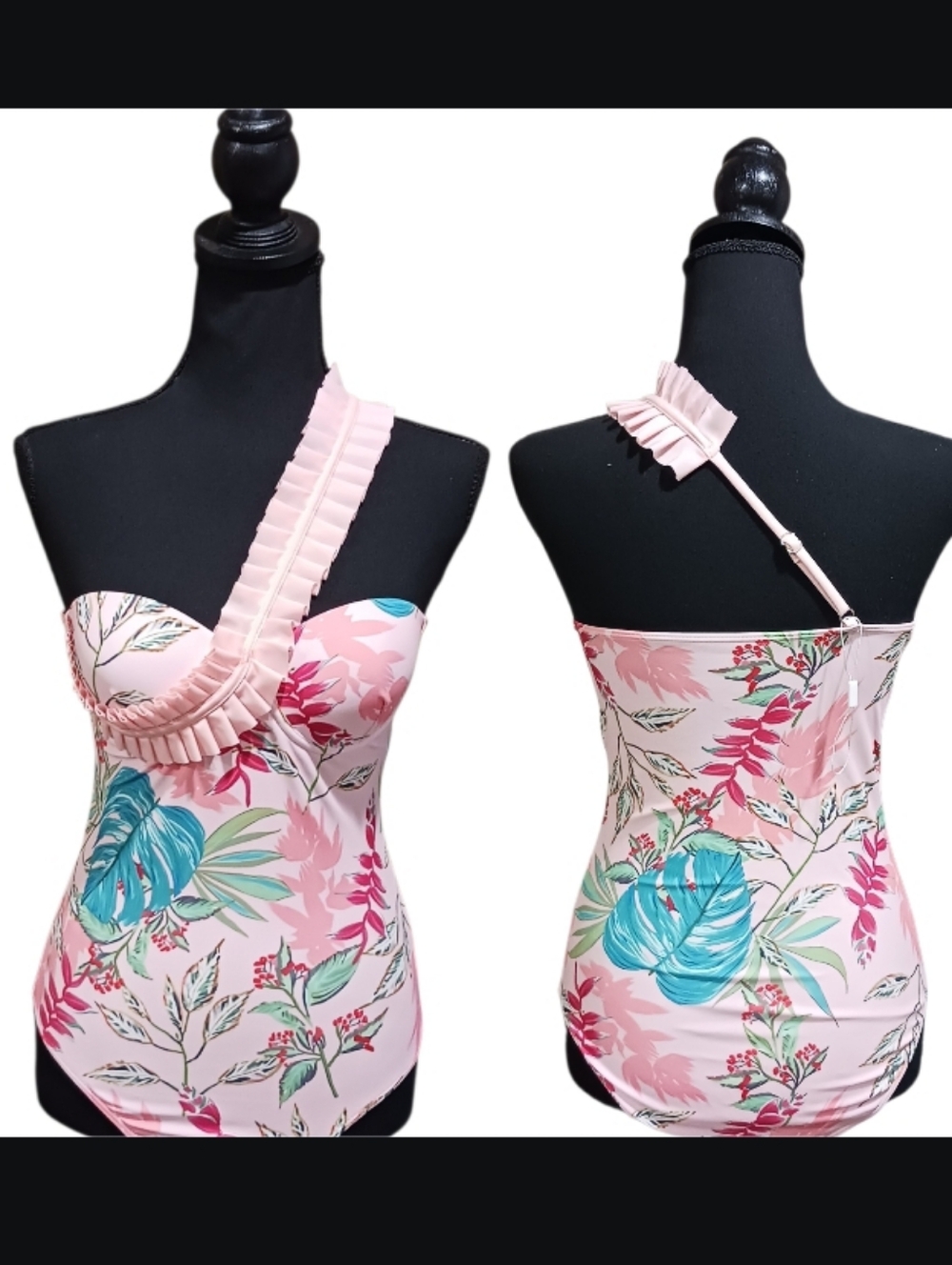One Shoulder Ruffle Padded Underwire One-Piece Tropical Print Swimsuit - Picture 2 of 11